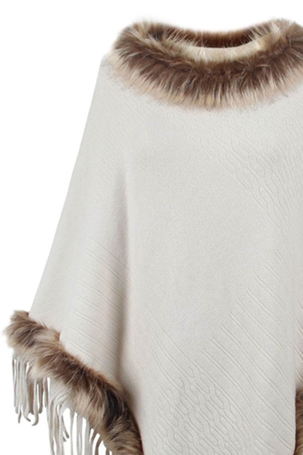 Faux Fur Trim Fringed Poncho - Delanoir