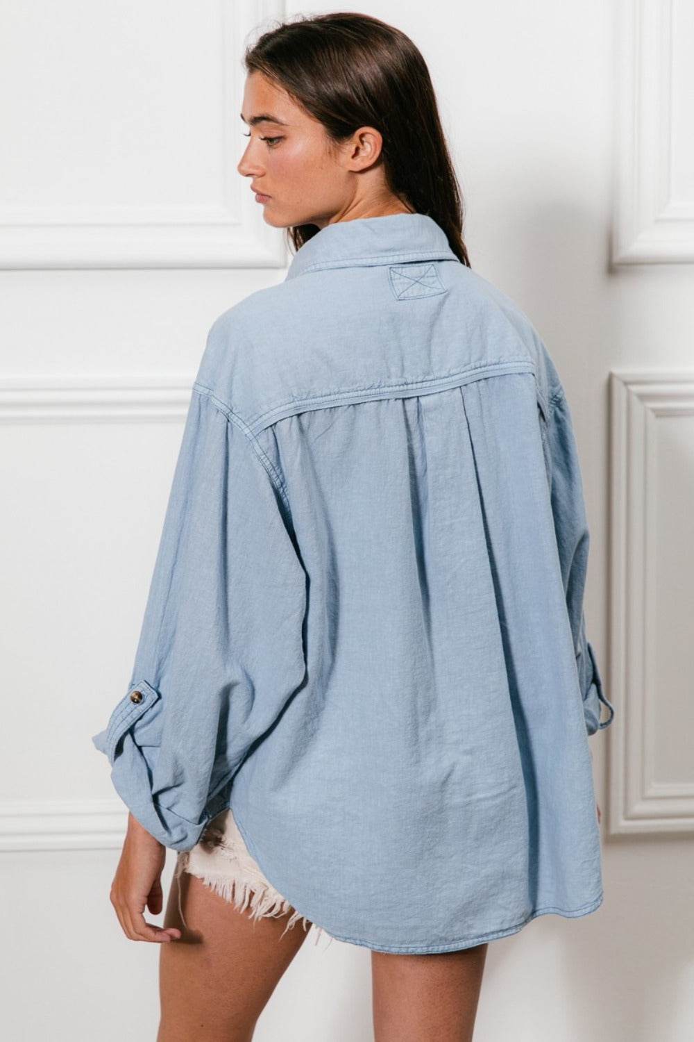 BiBi Button Down Stitch Detail Shirt with Chest Pockets - Delanoir