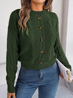 Cable-Knit Buttoned Round Neck Sweater - Delanoir