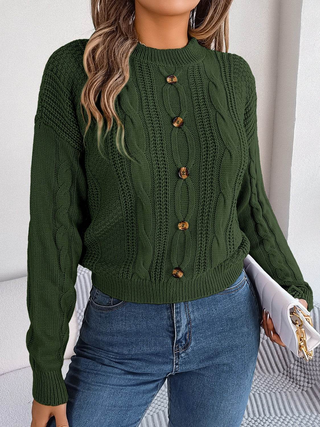 Cable-Knit Buttoned Round Neck Sweater - Delanoir