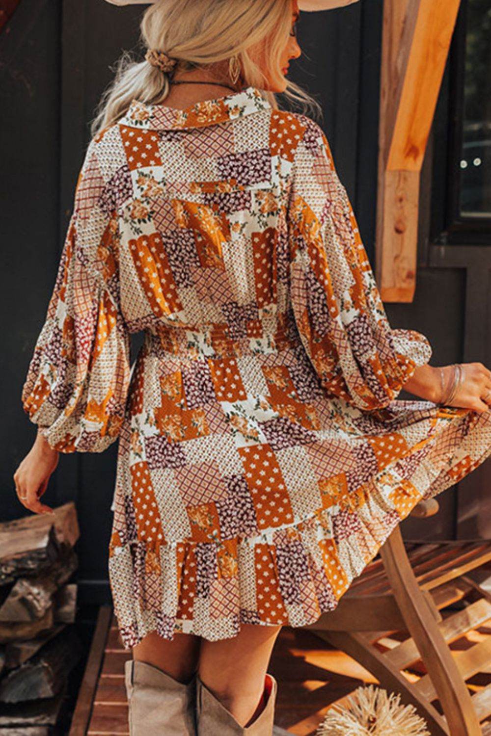 Printed Collared Neck Three-Quarter Sleeve Mini Shirt Dress - Delanoir