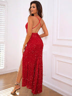 Slit Sequin V-Neck Cami Dress - Delanoir