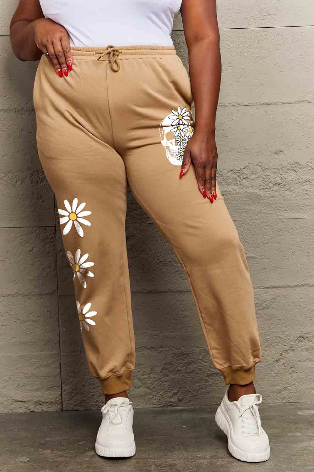 Simply Love Simply Love Full Size Drawstring Flower & Skull Graphic Long Sweatpants - Delanoir