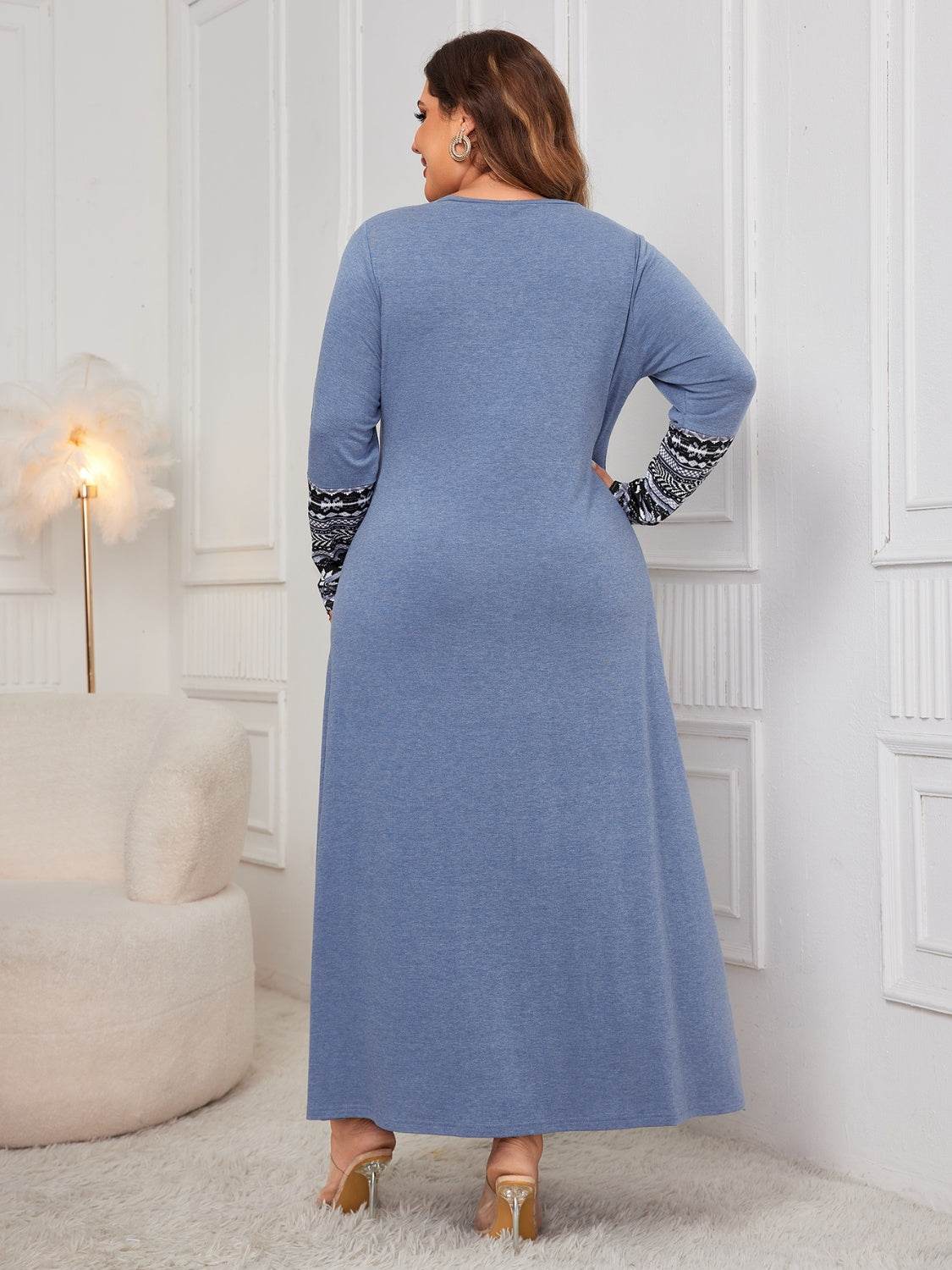 Honey Plus Size Printed Round Neck Long Sleeve Dress - Delanoir