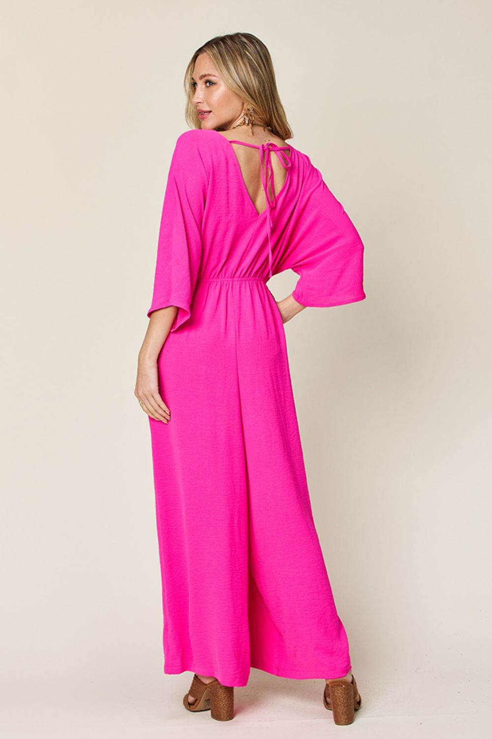 Double Take Full Size Surplice Wide Leg Jumpsuit with Pockets - Delanoir