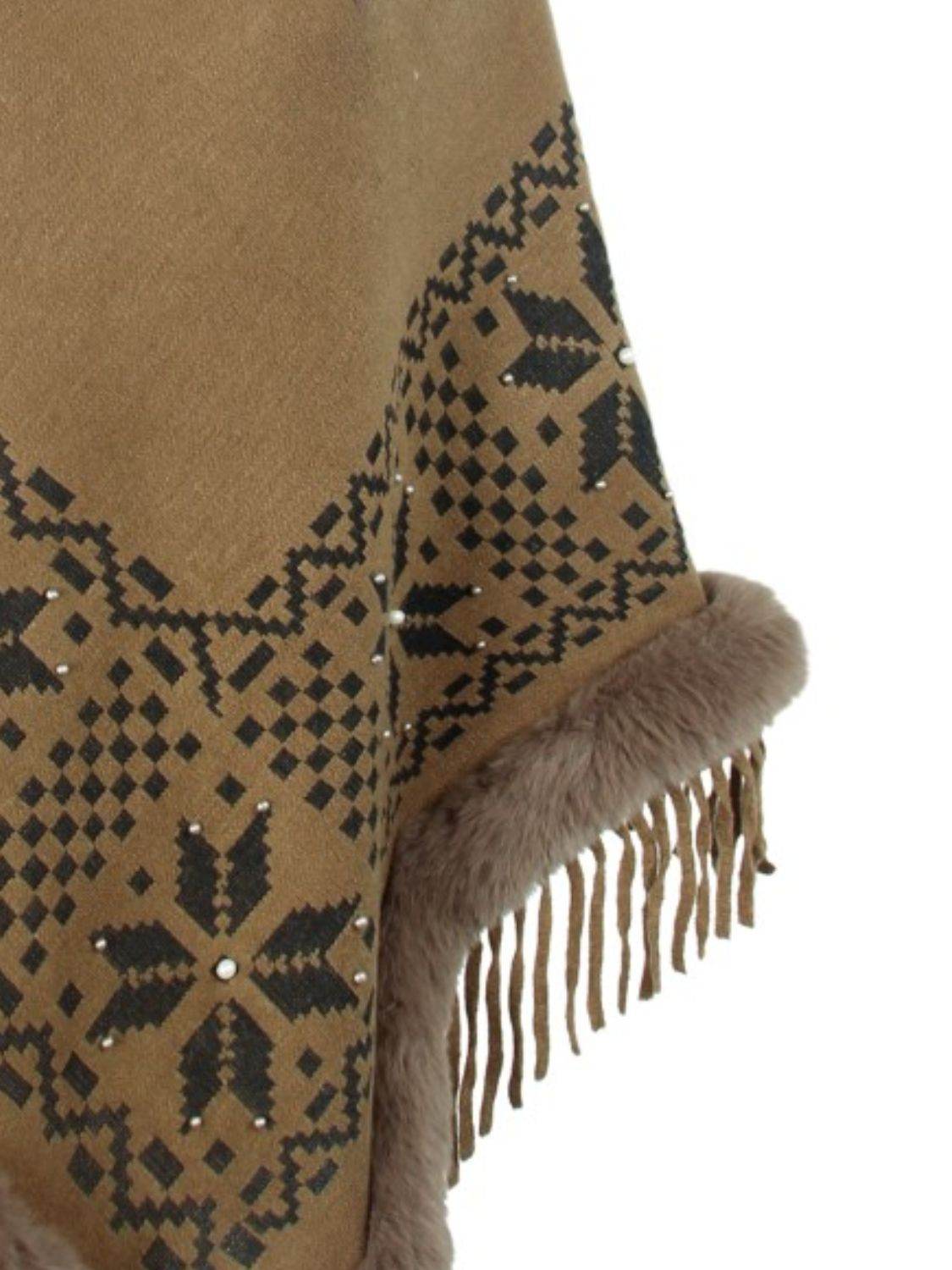 Fringe Geometric Cape Sleeve Poncho - Delanoir