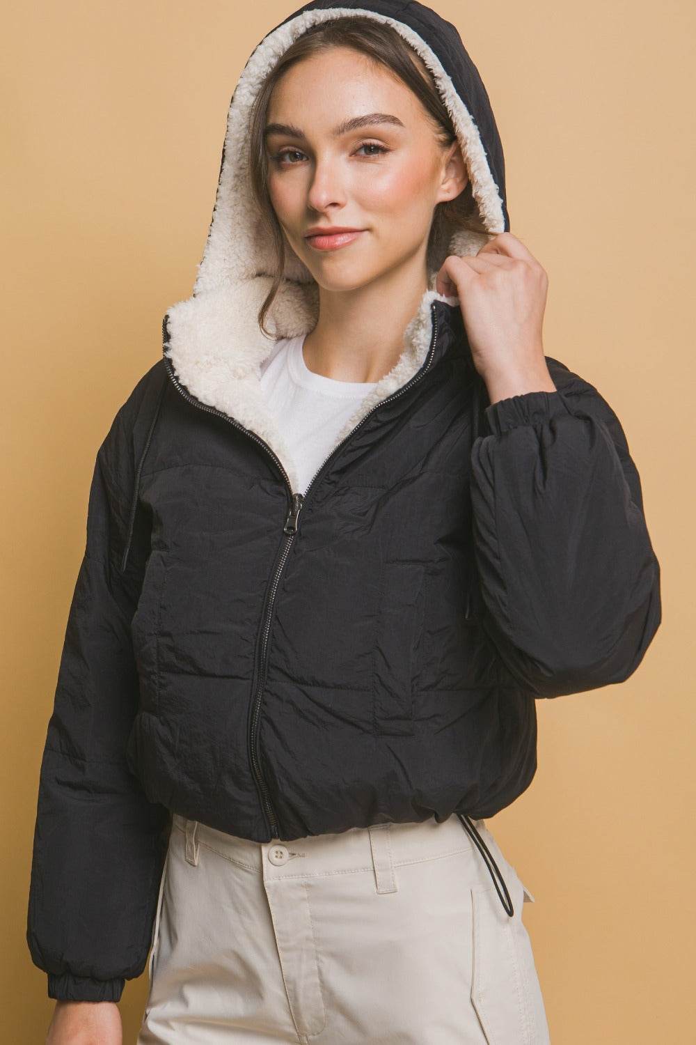 Love Tree Zip Up Cropped Hooded Sherpa Reversible Jacket - Delanoir