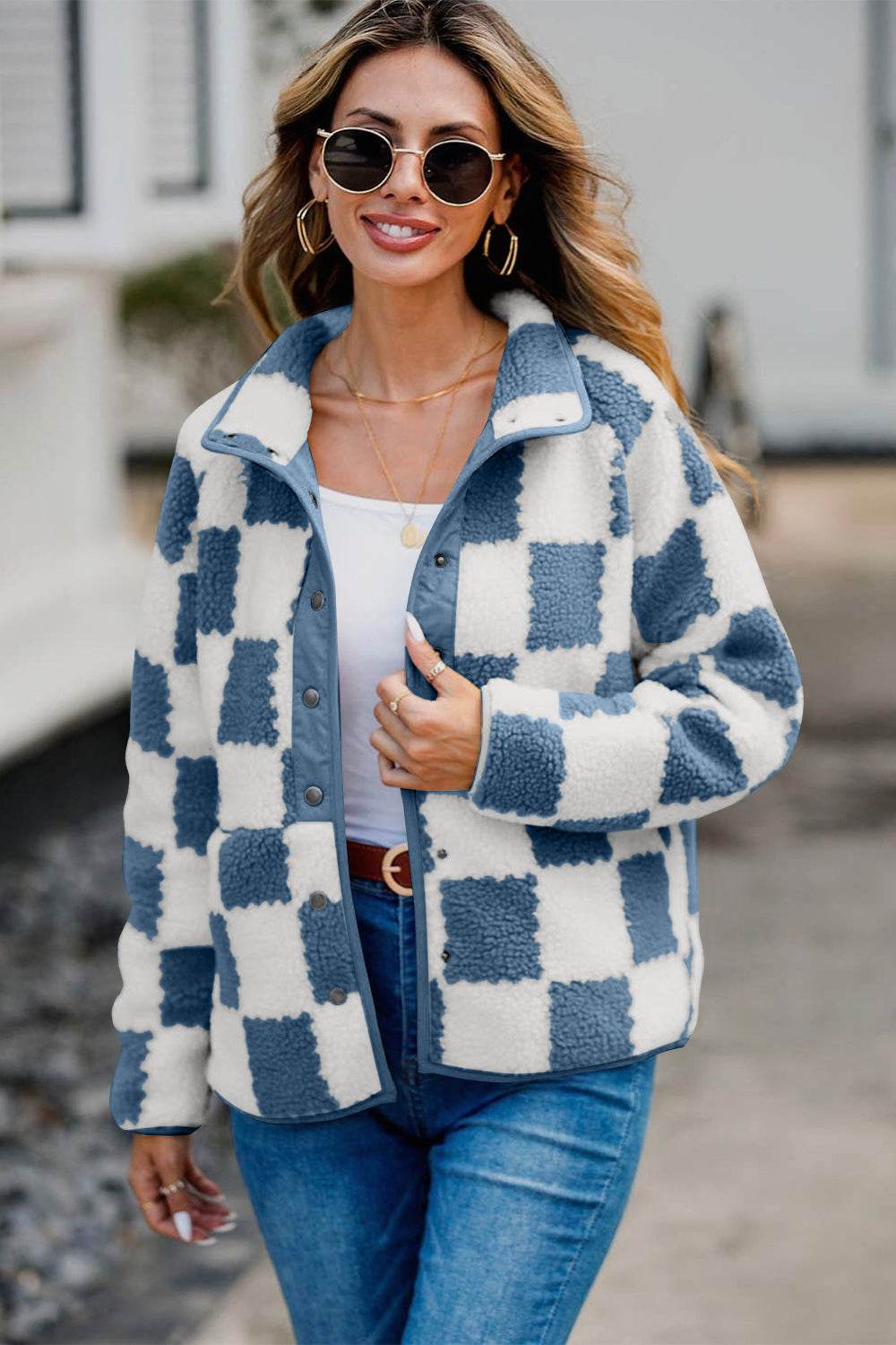 Checkered Snap Down Long Sleeve Teddy Jacket - Delanoir