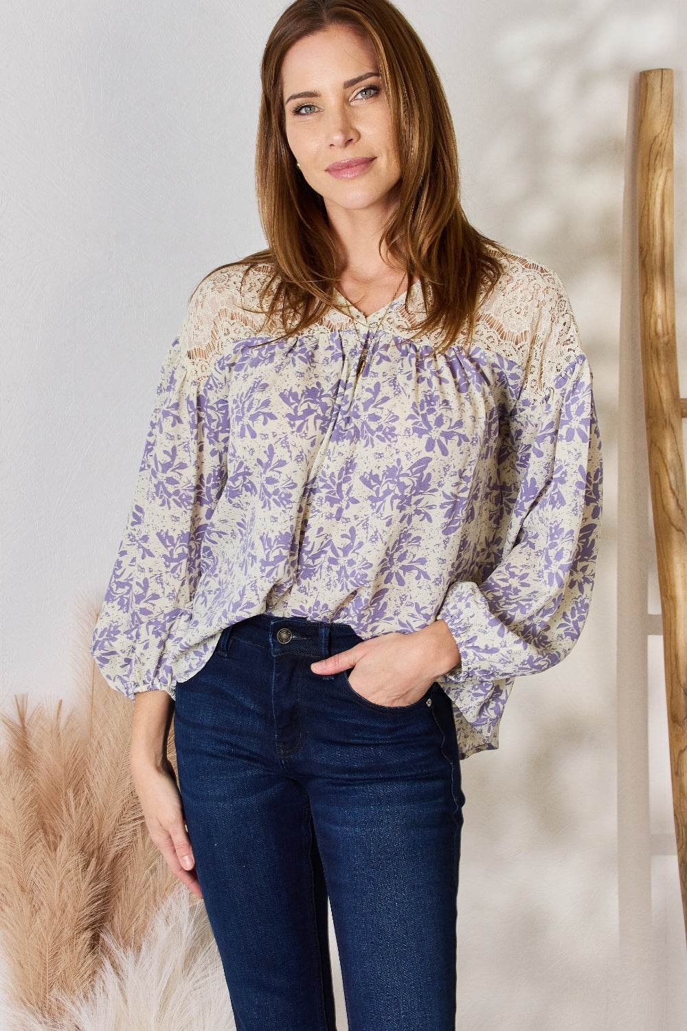 Hailey & Co Full Size Lace Detail Printed Blouse - Delanoir