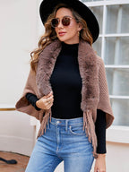 Open Front Fringe Hem Poncho - Delanoir
