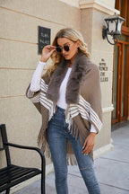 Striped Fringe Detail Long Sleeve Poncho - Delanoir