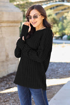 Basic Bae Full Size Ribbed Round Neck Long Sleeve Knit Top - Delanoir