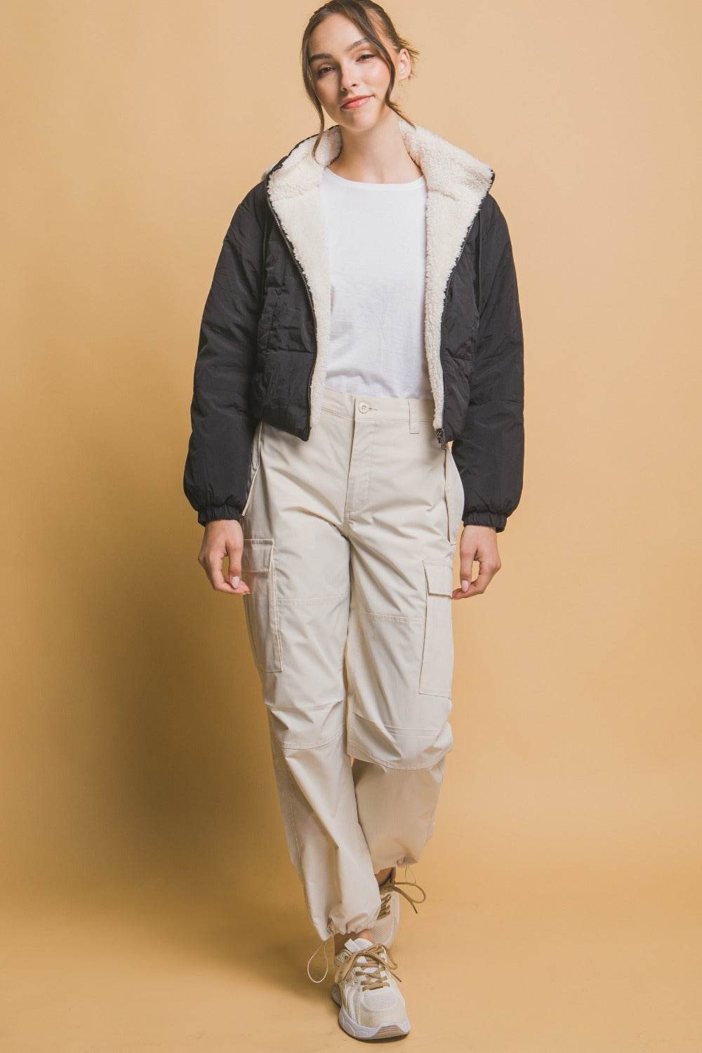 Love Tree Zip Up Cropped Hooded Sherpa Reversible Jacket - Delanoir