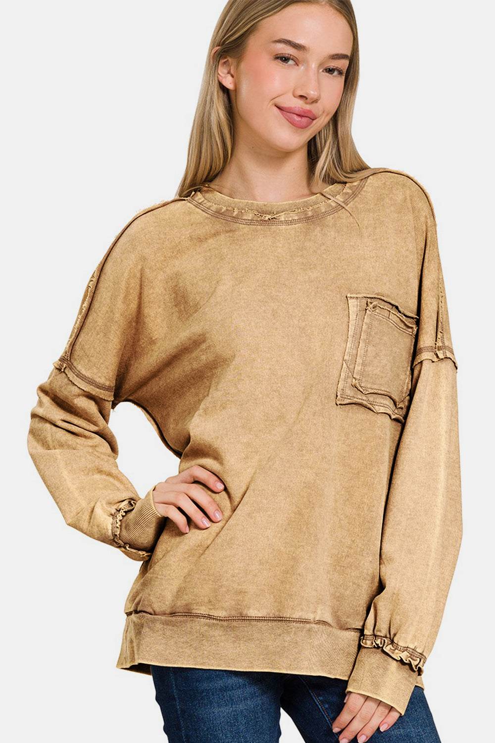 Zenana Exposed Seam Round Neck Dropped Shoulder Sweatshirt - Delanoir
