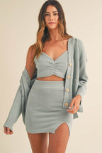 MABLE 3 Pieces Sweater Set with Crop Cami, Mini Skirt, Cardigan - Delanoir
