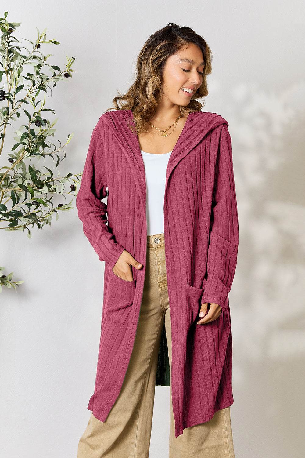 Basic Bae Full Size Hooded Sweater Cardigan - Delanoir