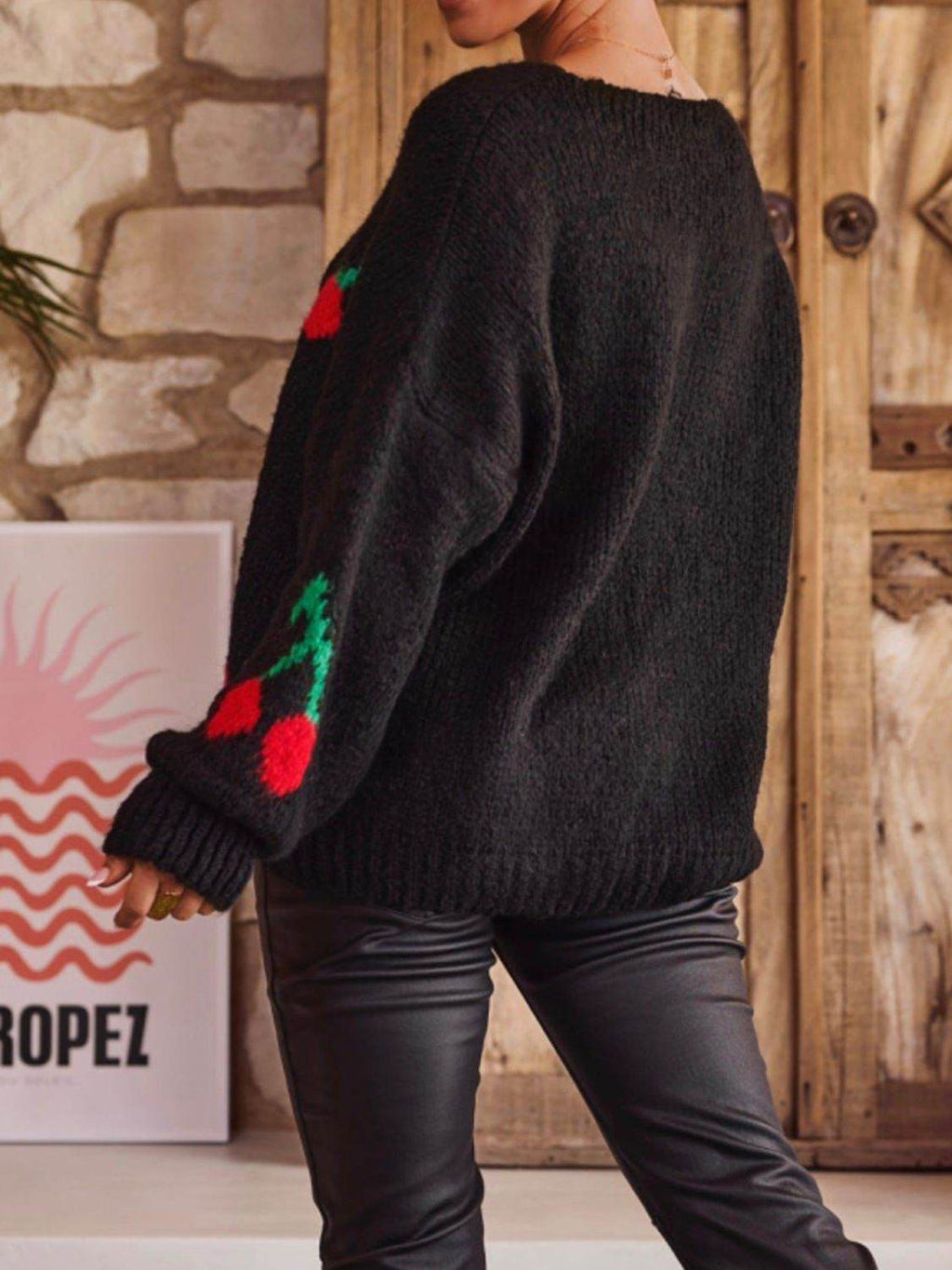 Tied Cherry Round Neck Long Sleeve Cardigan - Delanoir