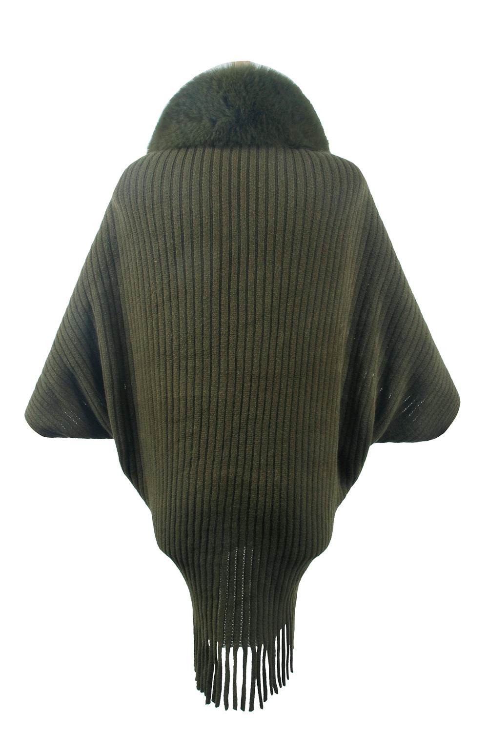 Fringe Detail Long Sleeve Ribbed Poncho - Delanoir
