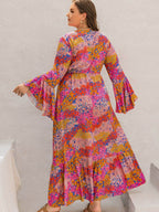 Plus Size Printed V-Neck Long Sleeve Maxi Dress - Delanoir