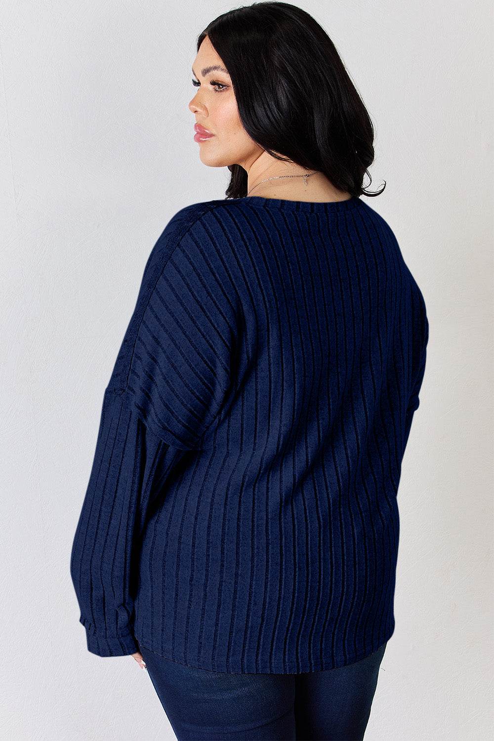 Basic Bae Full Size Ribbed Half Button Long Sleeve T-Shirt - Delanoir