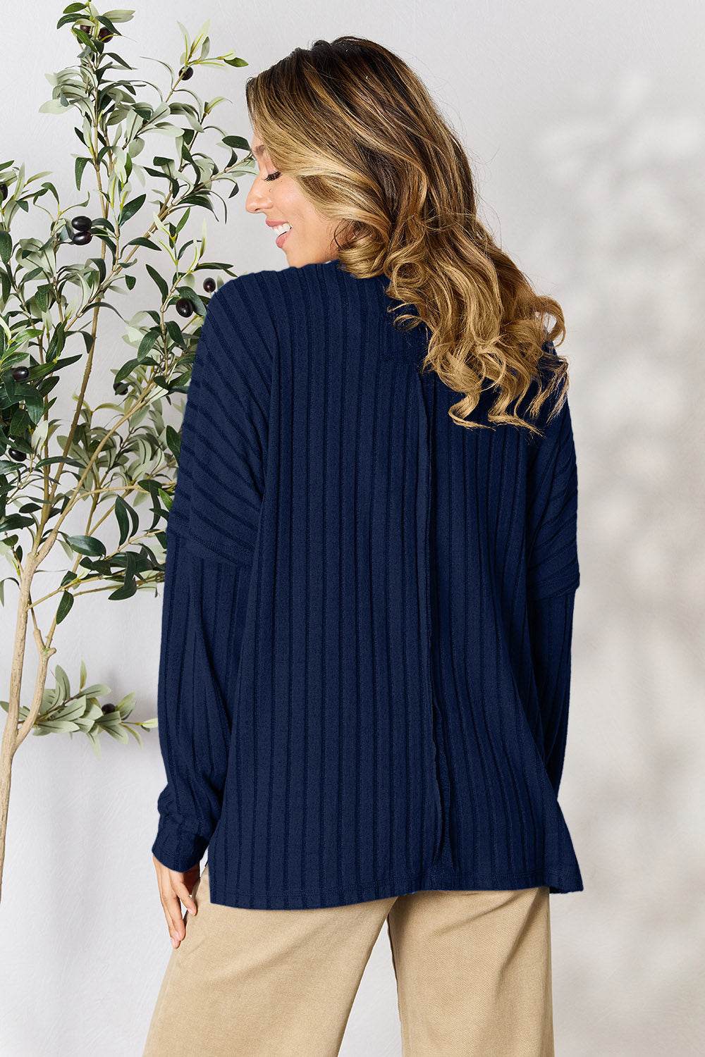 Basic Bae Full Size Ribbed Round Neck Slit Knit Top - Delanoir