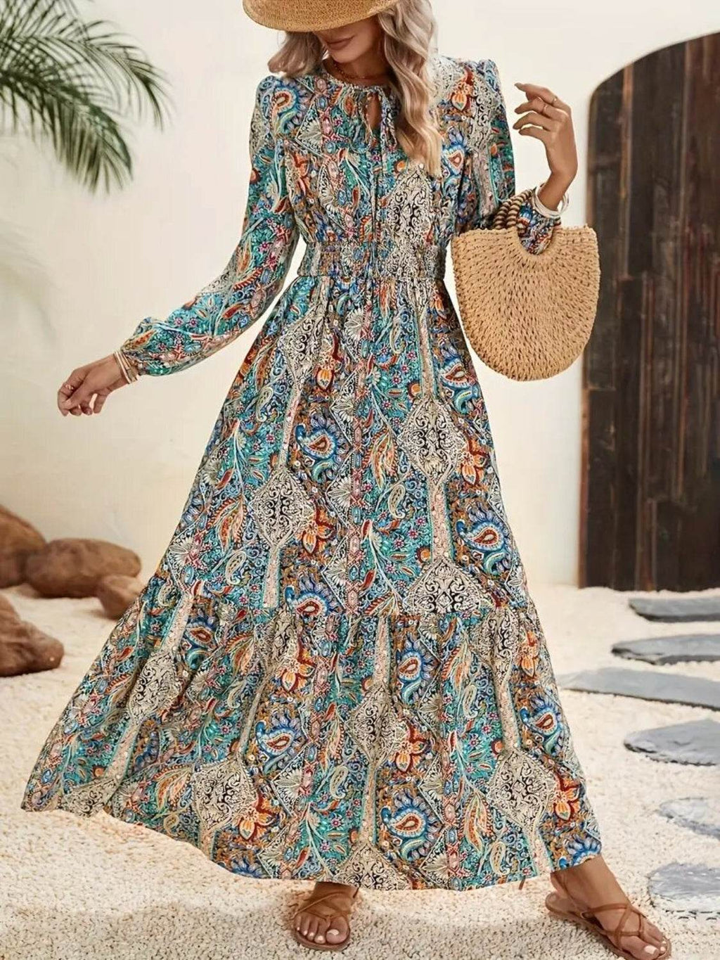 Printed Tie Neck Long Sleeve Maxi Dress - Delanoir