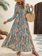 Printed Tie Neck Long Sleeve Maxi Dress - Delanoir
