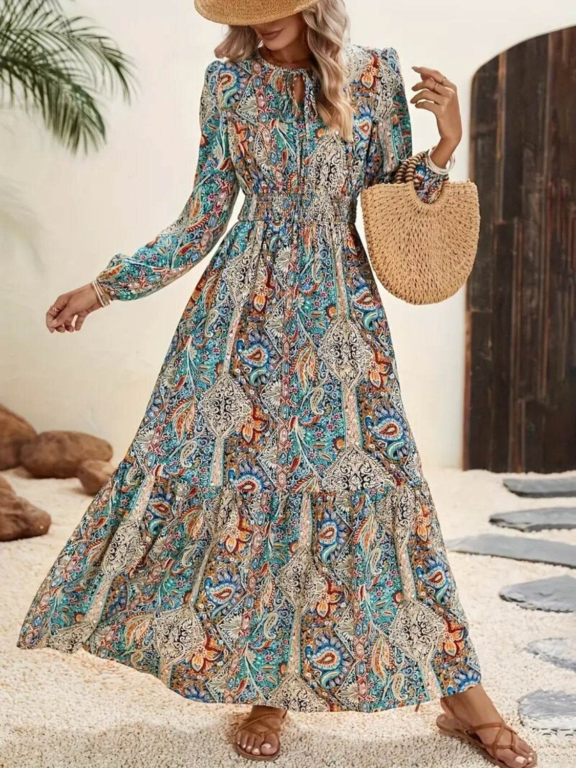 Printed Tie Neck Long Sleeve Maxi Dress - Delanoir