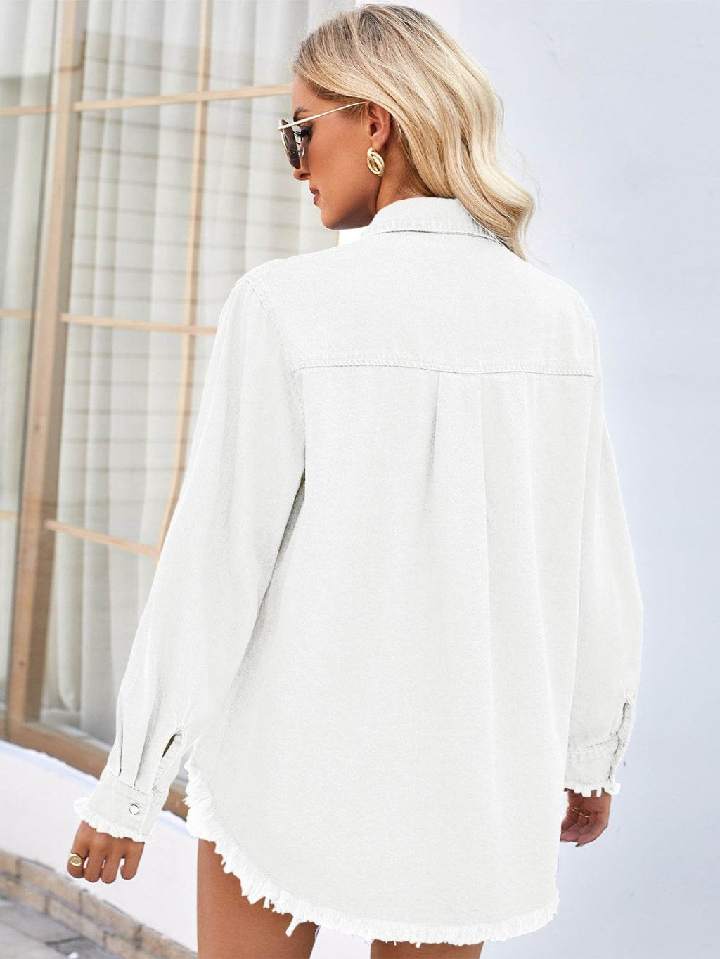 Raw Hem Button Up Long Sleeve Denim Jacket with Sequin Pockets - Delanoir