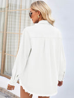 Raw Hem Button Up Long Sleeve Denim Jacket with Sequin Pockets - Delanoir