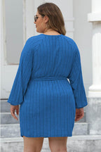 Plus Size Ribbed Tie Front Long Sleeve Sweater Dress - Delanoir