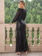 Sequin V-Neck Lantern Sleeve Maxi Dress - Delanoir