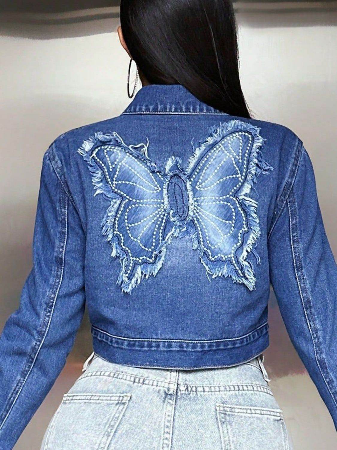 Butterfly Patch Long Sleeve Cropped Denim Top - Delanoir