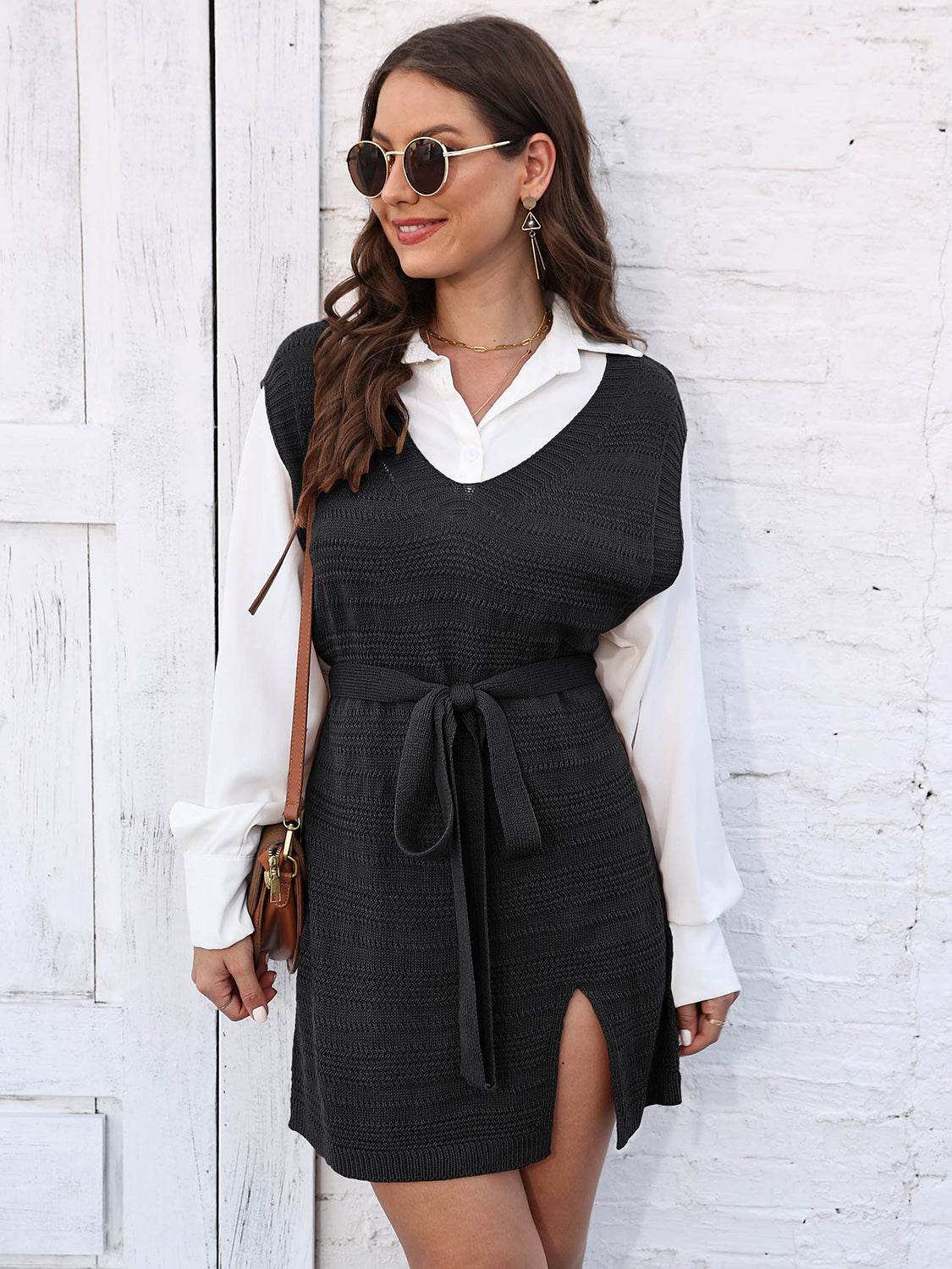 Tie Front V-Neck Sleeveless Slit Sweater Dress - Delanoir