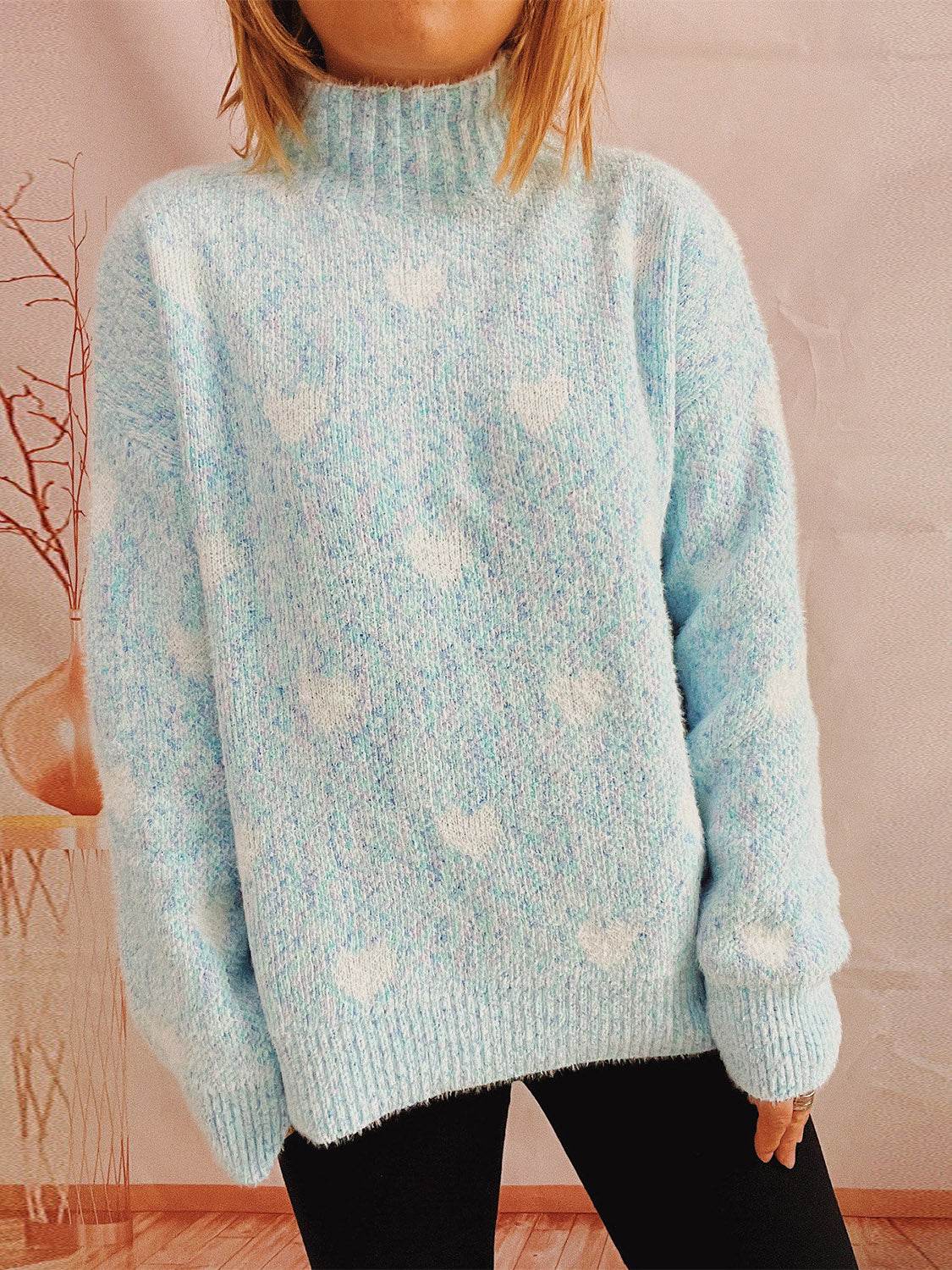 Heart Heathered Turtleneck Drop Shoulder Sweater - Delanoir