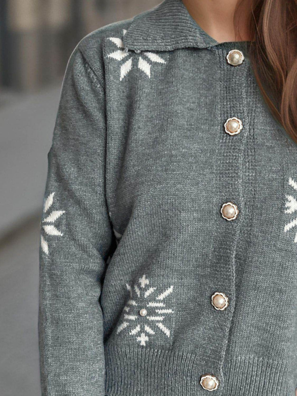 Pearl Trim Collared Neck Long Sleeve Cardigan - Delanoir