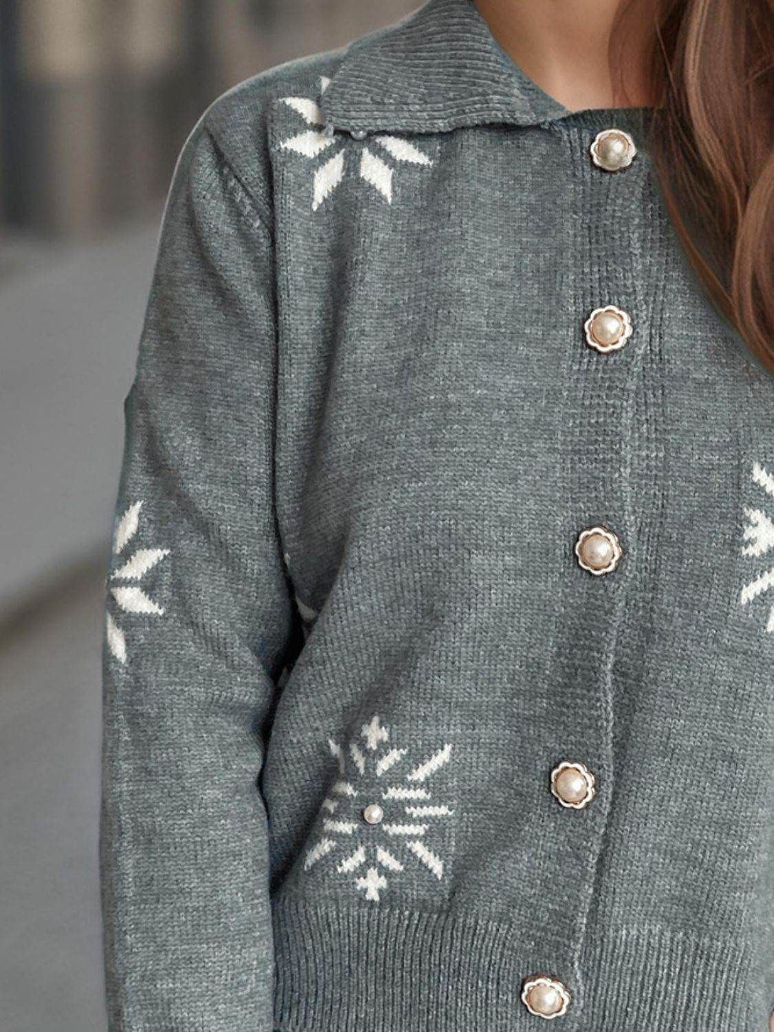 Pearl Trim Collared Neck Long Sleeve Cardigan - Delanoir