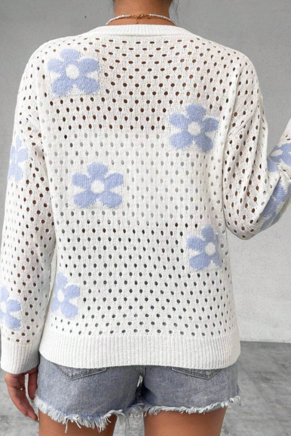 Flower Hollowed Out Button Down Long Sleeve Cardigan - Delanoir