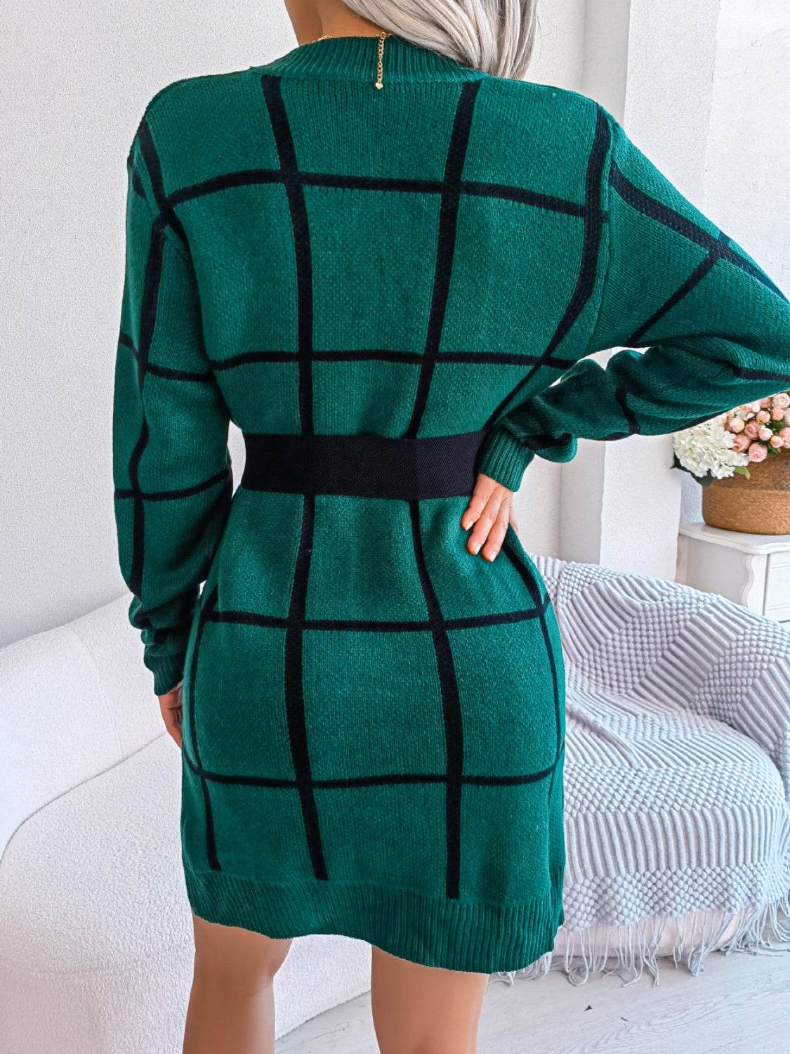 Plaid Round Neck Dropped Shoulder Sweater Dress - Delanoir