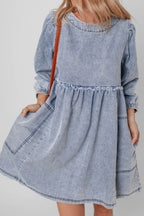 Cutout Round Neck Balloon Sleeve Denim Dress - Delanoir