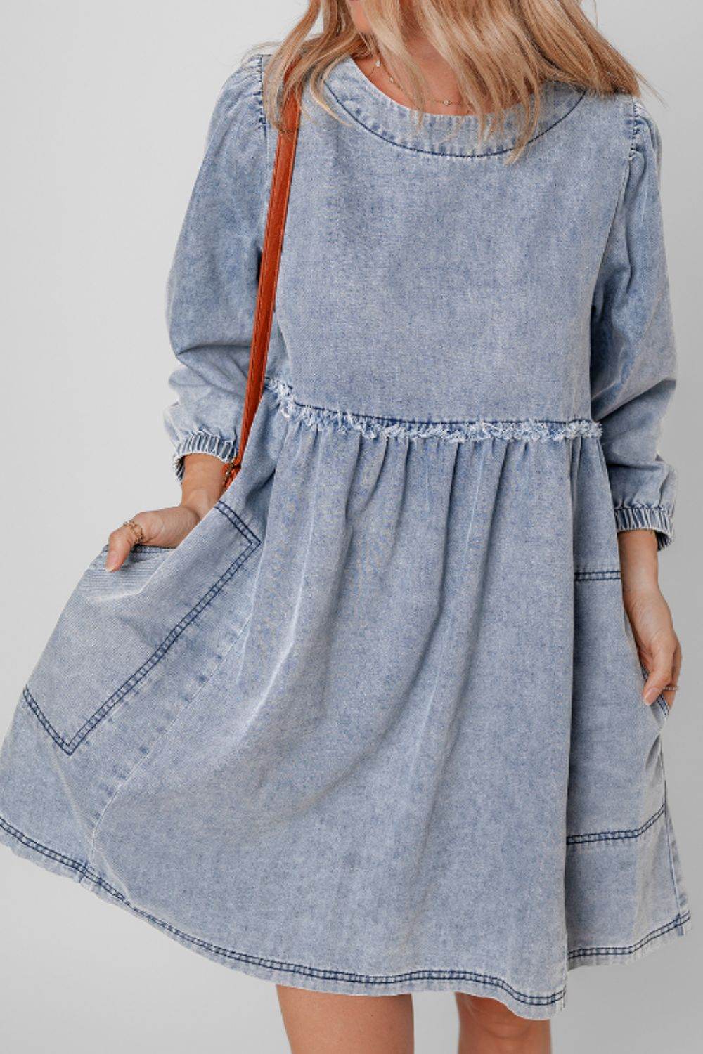 Cutout Round Neck Balloon Sleeve Denim Dress - Delanoir