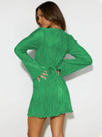 Tied Plunge Flare Sleeve Mini Dress - Delanoir