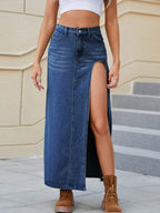 Slit Buttoned Denim Skirt with Pockets - Delanoir