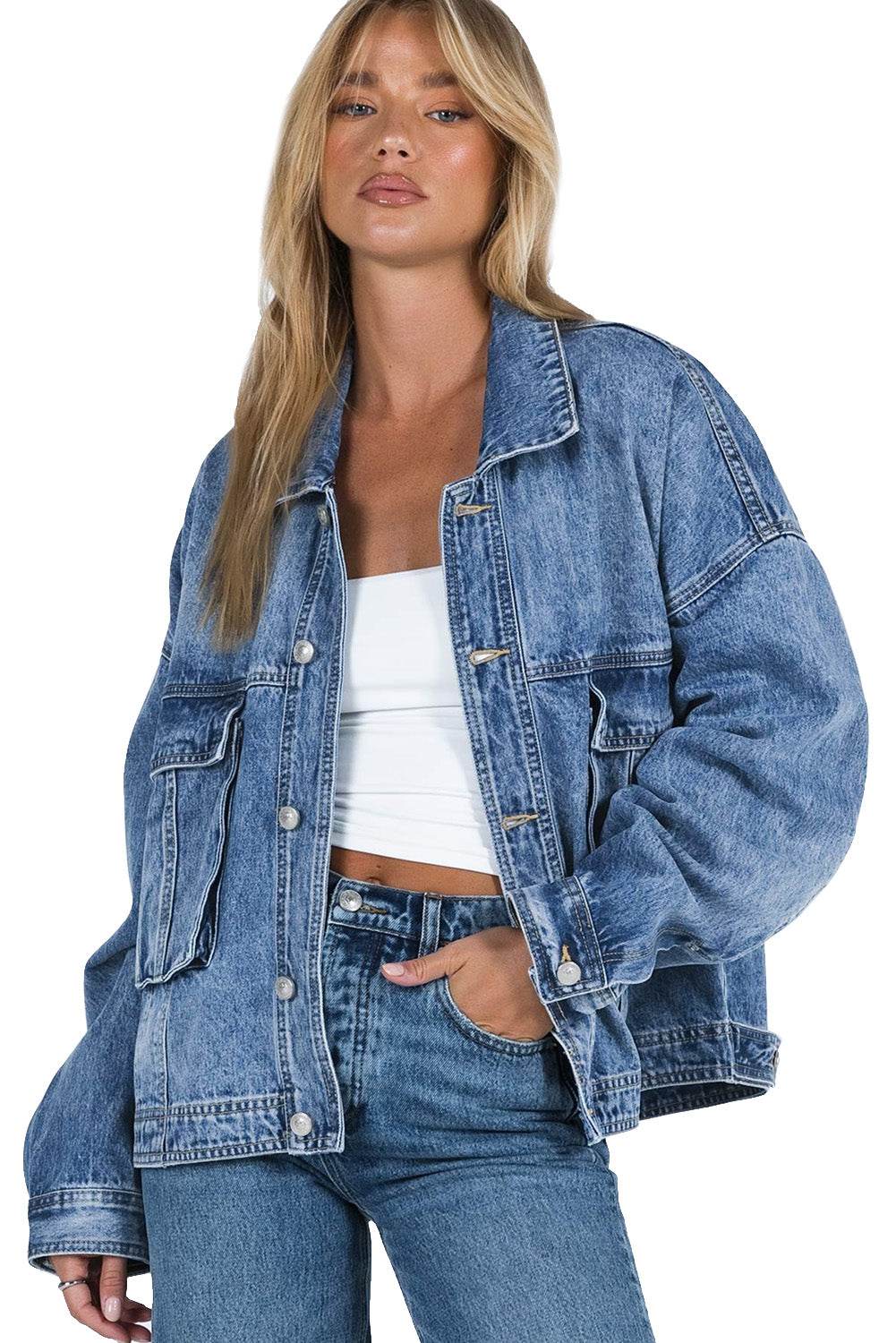Collared Neck Button Up Denim Jacket - Delanoir