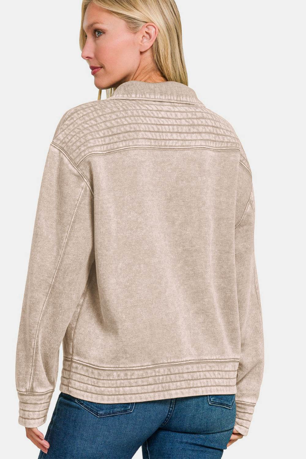 Zenana Acid Washed Half Snap Fleece Sweatshirt - Delanoir