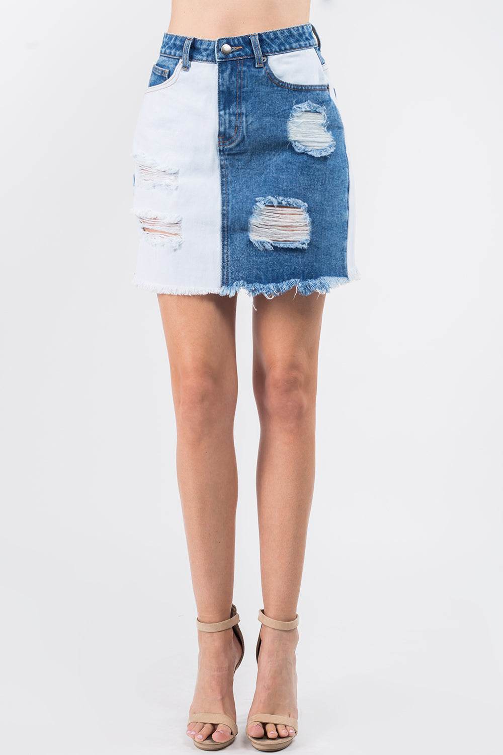 American Bazi Contrast Patched Frayed Denim Distressed Skirts - Delanoir