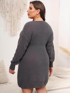 Plus Size Dropped Shoulder Long Sleeve Knit Mini Dress - Delanoir