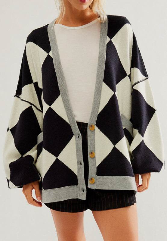 Color Block Button Down Long Sleeve Cardigan - Delanoir