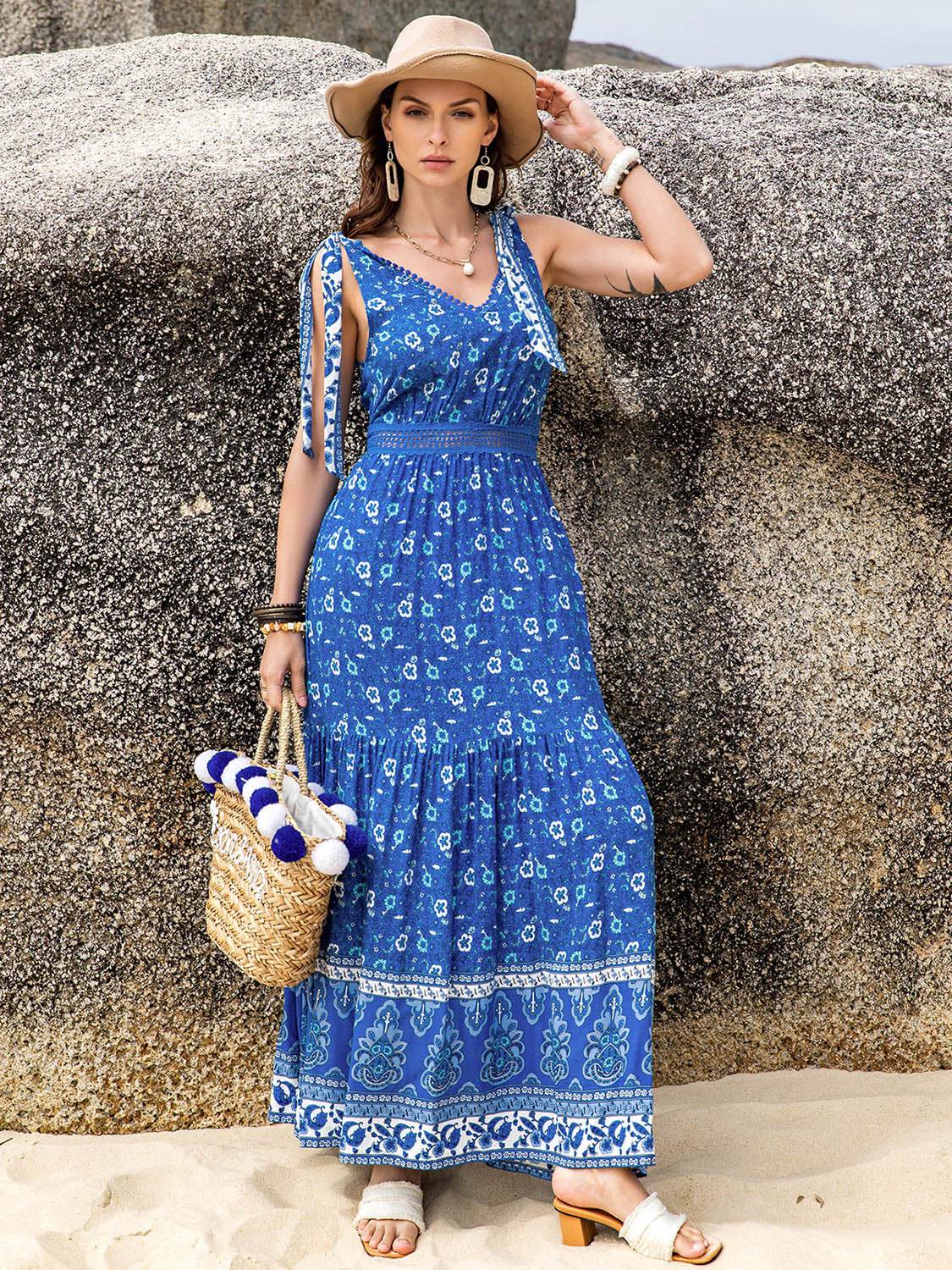 Printed V-Neck Tie Shoulder Dress - Delanoir