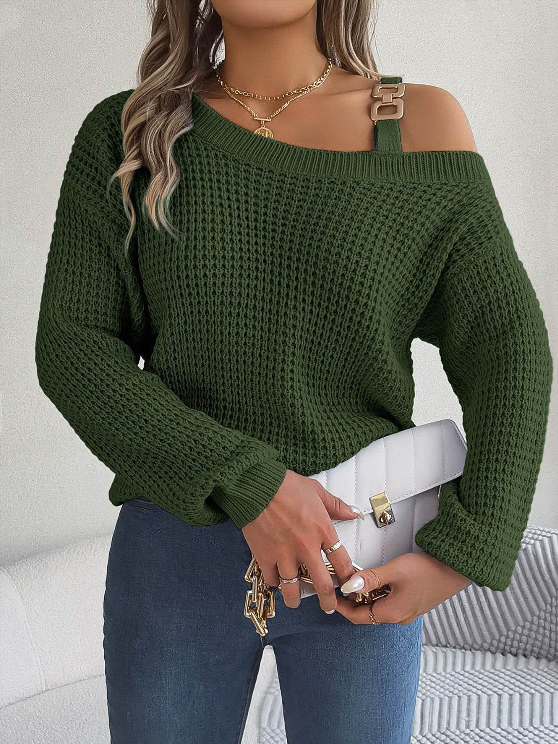 Asymmetrical Neck Long Sleeve Sweater - Delanoir
